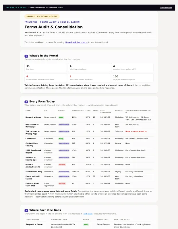 First page of the forms audit workbook, on a fictional portal