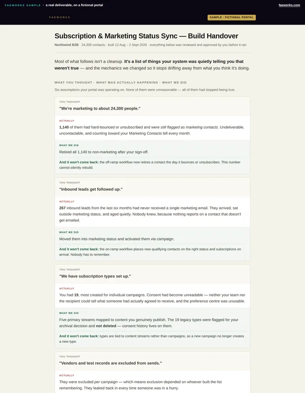 First page of the client handover, on a fictional portal